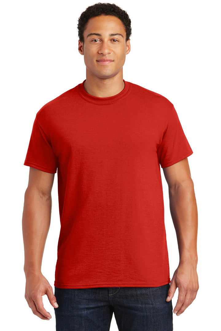 Front View of Red Gildan DryBlend 50 Cotton/50 Poly T-Shirt. 8000