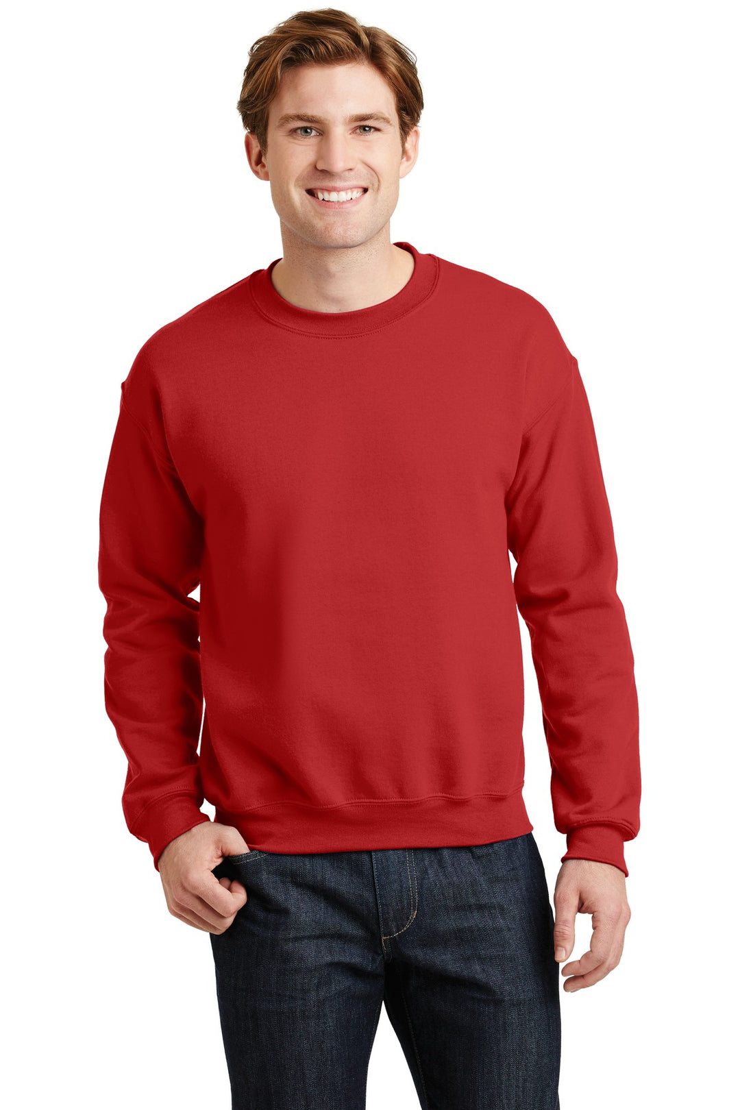 Front View of Red Gildan Heavy Blend Crewneck Sweatshirt. 18000