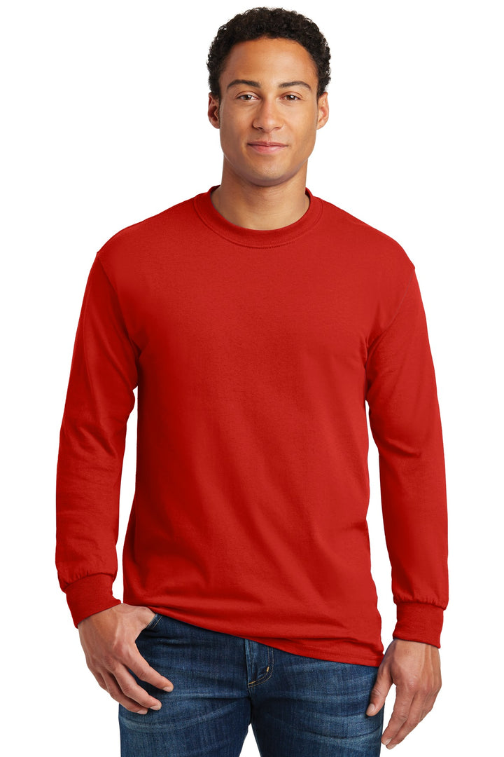 Front View of Red Gildan - Heavy Cotton 100% Cotton Long Sleeve T-Shirt. 5400