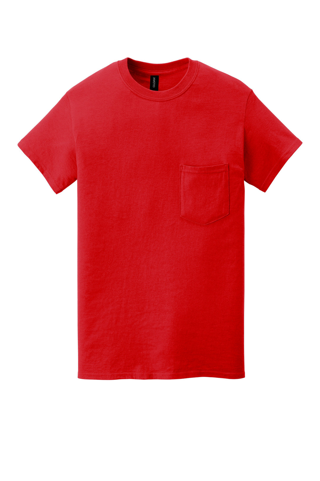 Front View of Red Gildan Heavy Cotton 100% Cotton Pocket T-Shirt. 5300