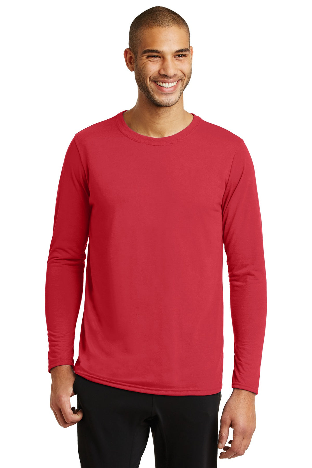 Front View of Red Gildan Performance Long Sleeve T-Shirt. 42400
