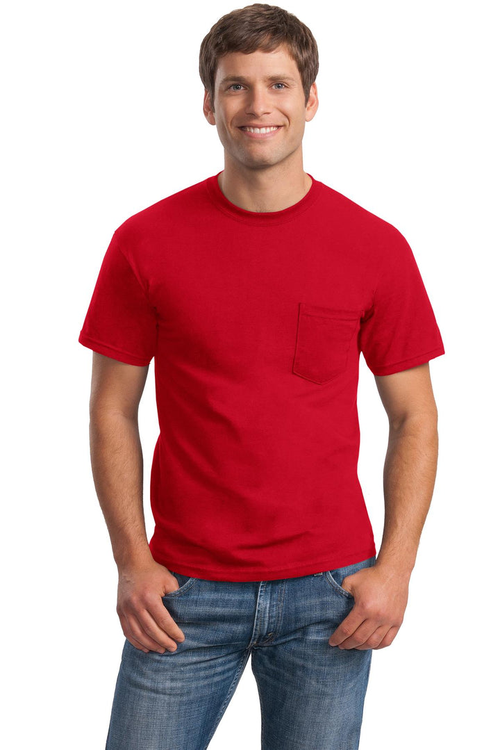Front View of RED Gildan - Ultra Cotton 100% US Cotton T-Shirt with Pocket. 2300