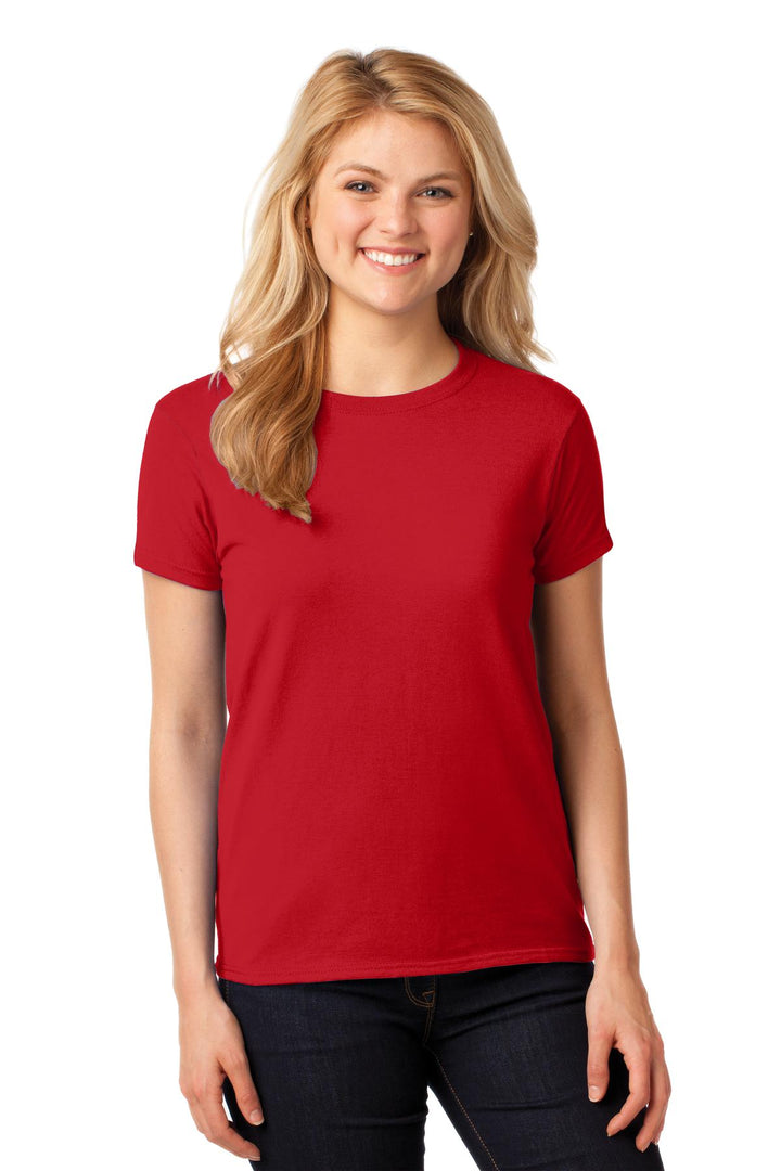 Front View of Red Gildan Women's Heavy Cotton 100% Cotton T-Shirt. 5000L