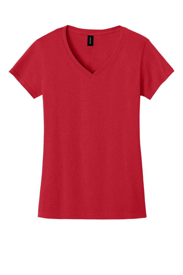 Front View of Red Gildan Women's Heavy Cotton 100% Cotton V-Neck T-Shirt. 5V00L