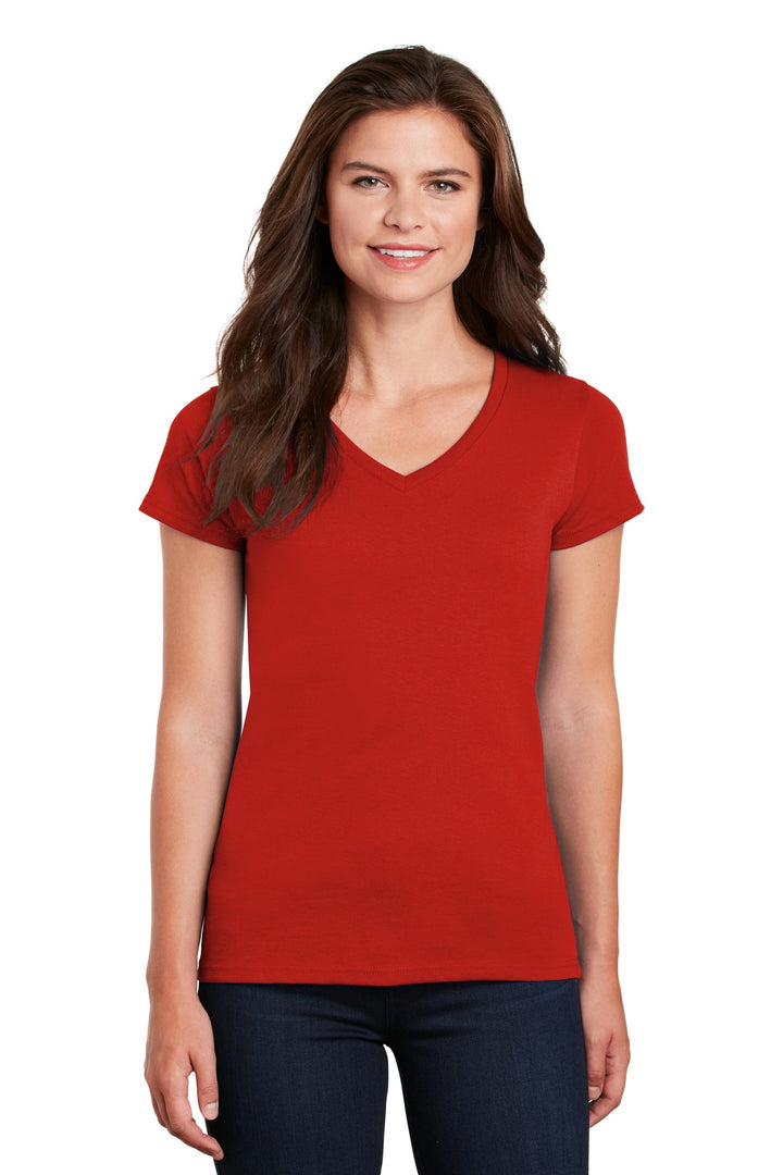Front View of Red Gildan Women's Heavy Cotton 100% Cotton V-Neck T-Shirt. 5V00L
