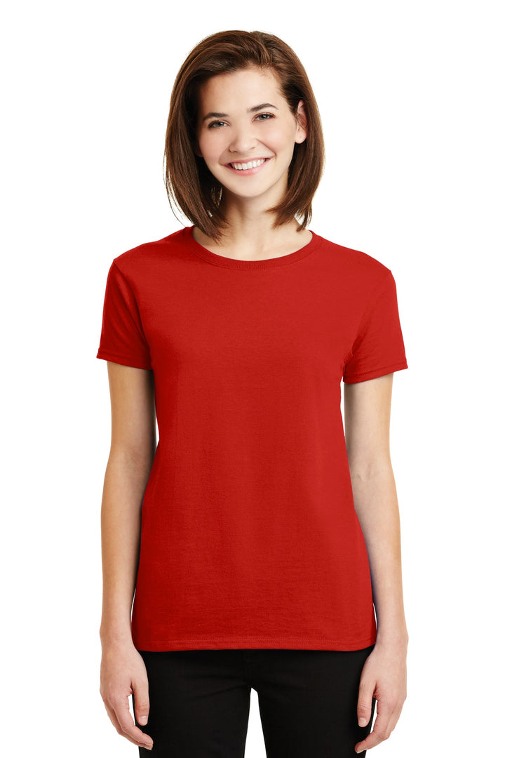 Front View of Red Gildan Women's Ultra Cotton 100% US Cotton T-Shirt. 2000L