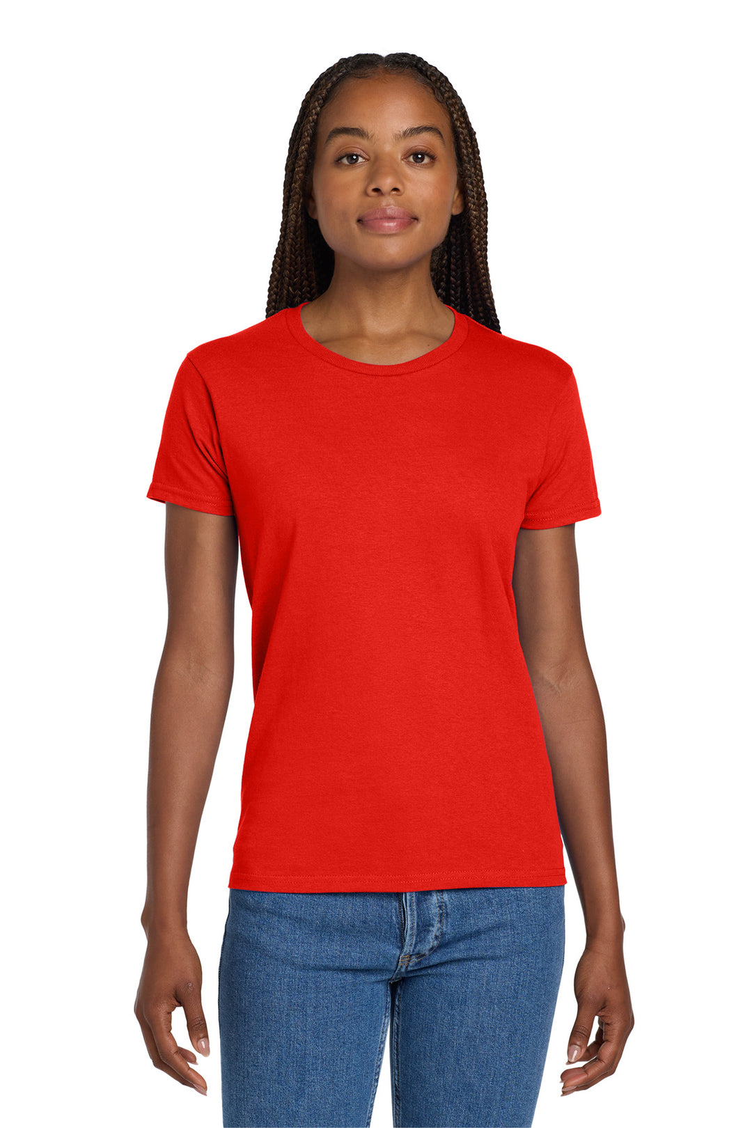 Front View of Red Gildan Women's Ultra Cotton 100% US Cotton T-Shirt. 2000L