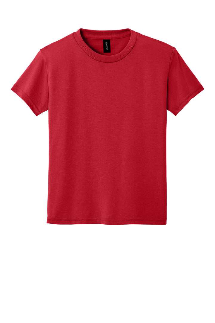 Front View of Red Gildan Youth DryBlend 50 Cotton/50 Poly T-Shirt. 8000B