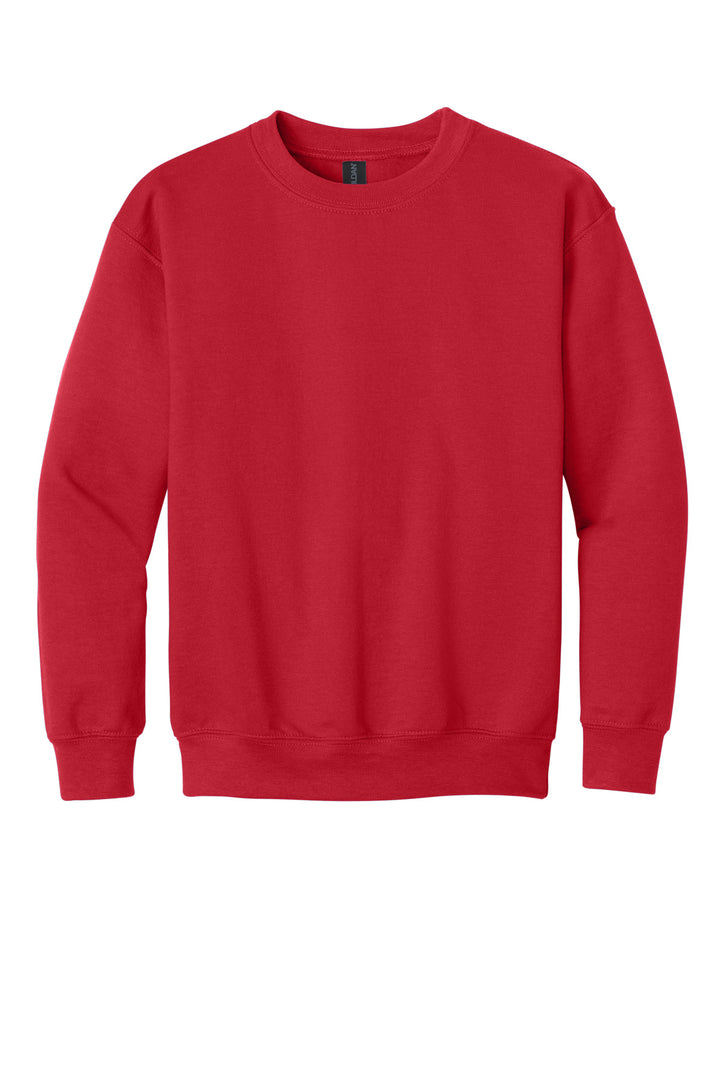 Front View of Red Gildan Youth Heavy Blend Crewneck Sweatshirt. 18000B