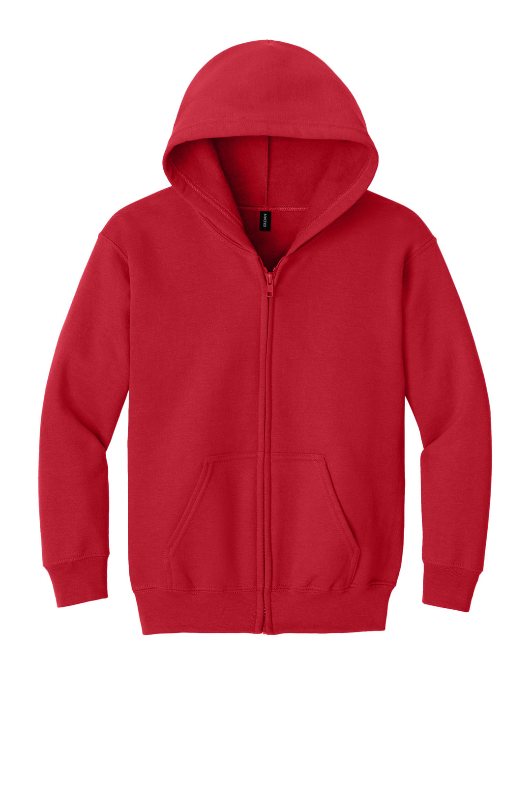 Front View of Red Gildan Youth Heavy Blend Full-Zip Hooded Sweatshirt. 18600B