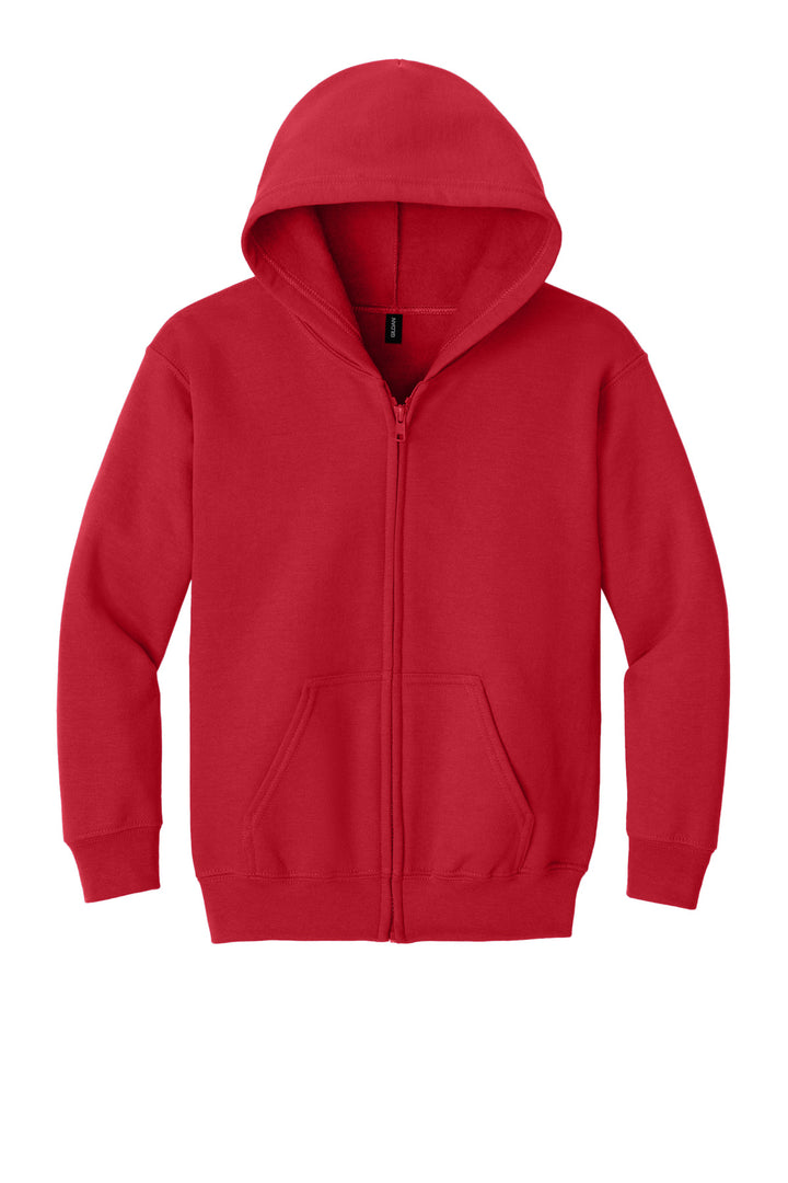 Front View of Red Gildan Youth Heavy Blend Full-Zip Hooded Sweatshirt. 18600B