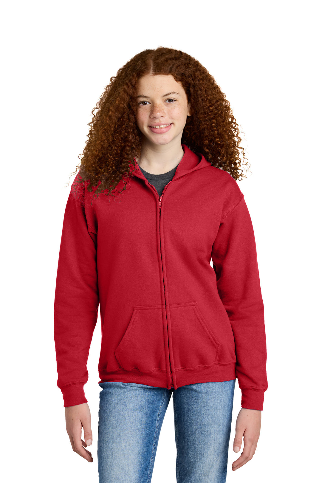 Front View of Red Gildan Youth Heavy Blend Full-Zip Hooded Sweatshirt. 18600B
