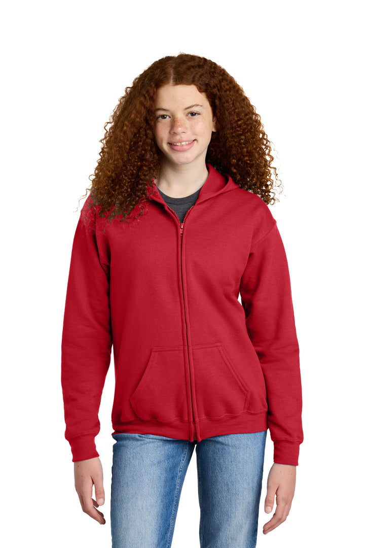 Front View of Red Gildan Youth Heavy Blend Full-Zip Hooded Sweatshirt. 18600B
