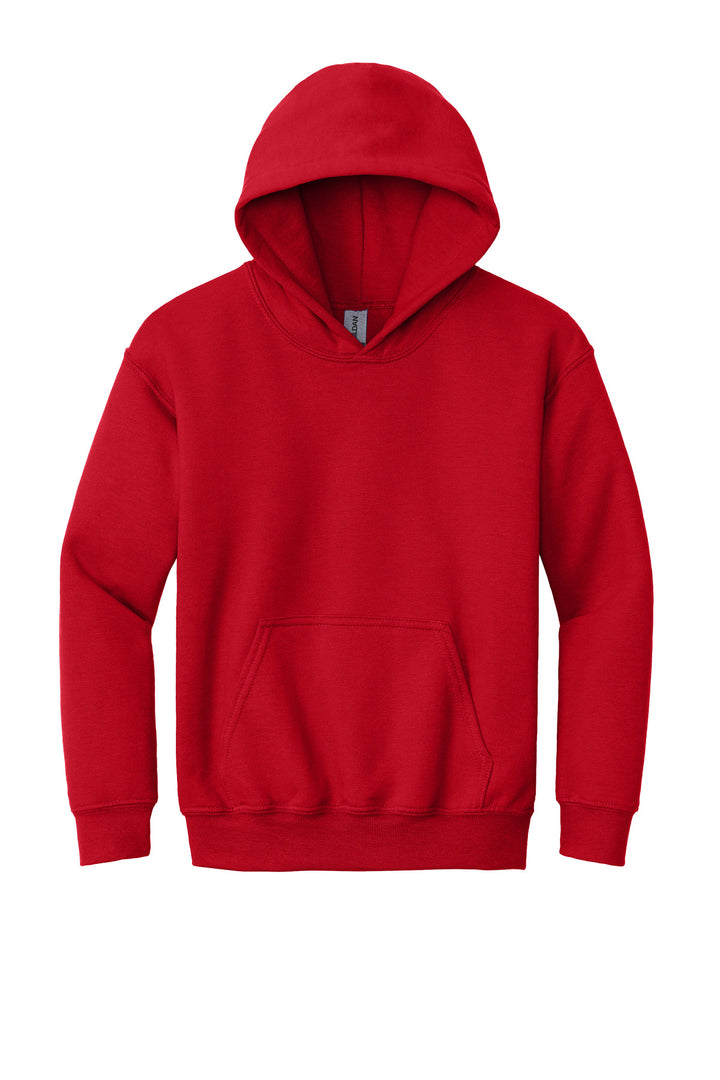 Front View of RED Gildan - Youth Heavy Blend Hooded Sweatshirt. 18500B