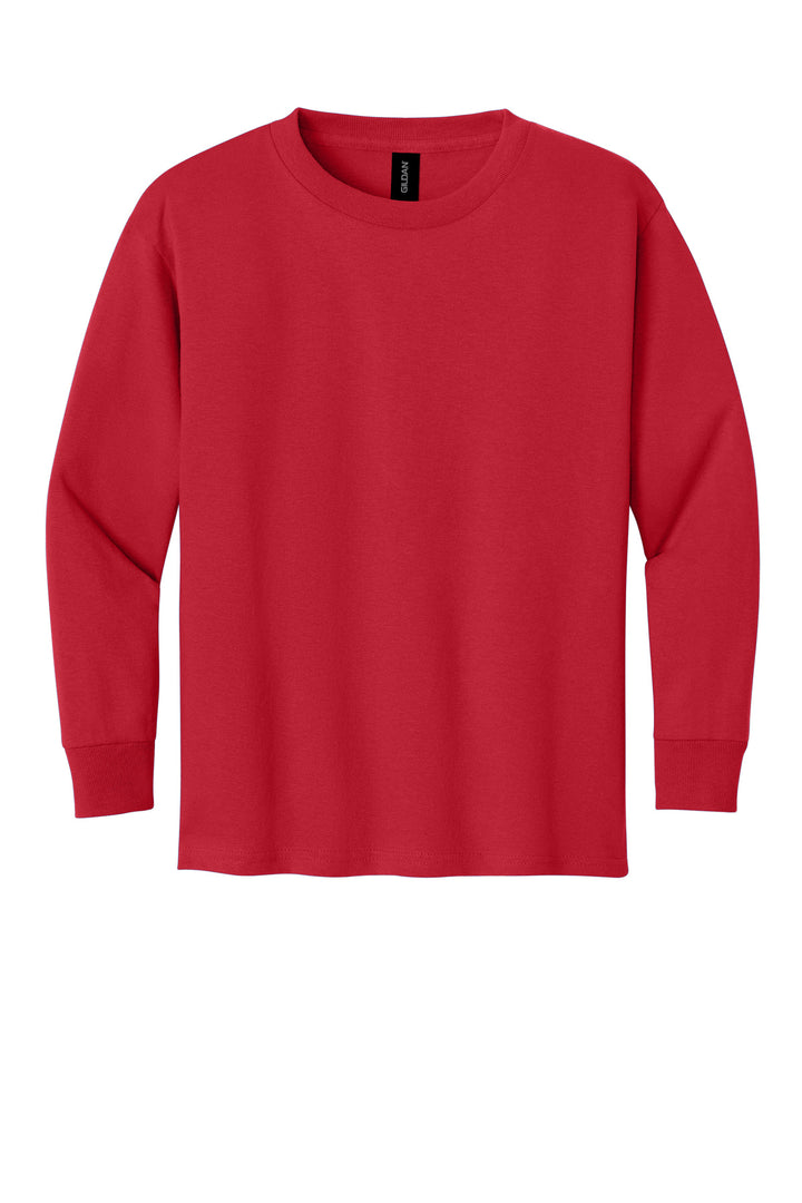 Front View of Red Gildan Youth Heavy Cotton 100% Cotton Long Sleeve T-Shirt. 5400B