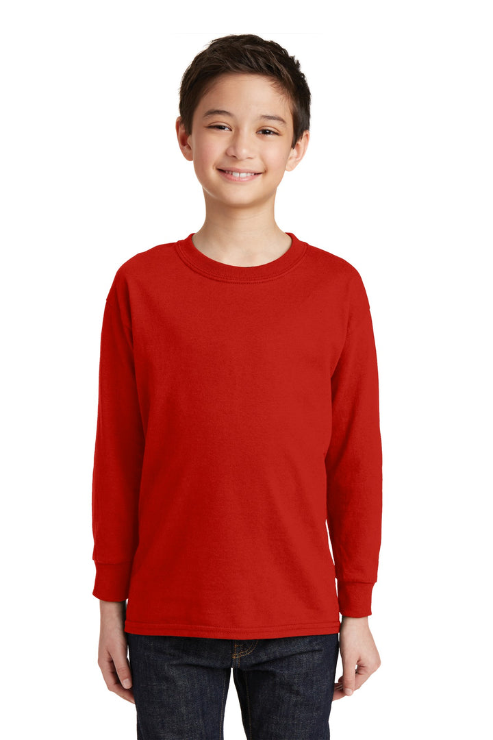 Front View of Red Gildan Youth Heavy Cotton 100% Cotton Long Sleeve T-Shirt. 5400B