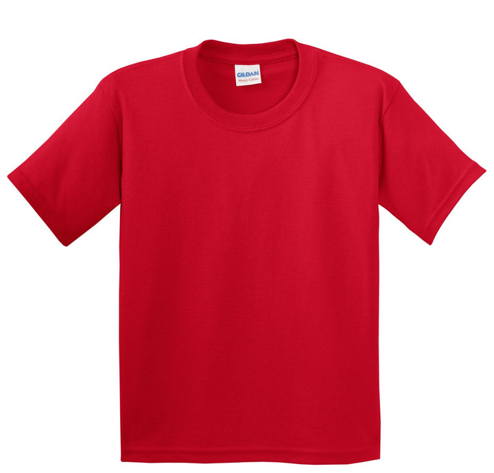 Front View of Red Gildan - Youth Heavy Cotton 100% Cotton T-Shirt. 5000B