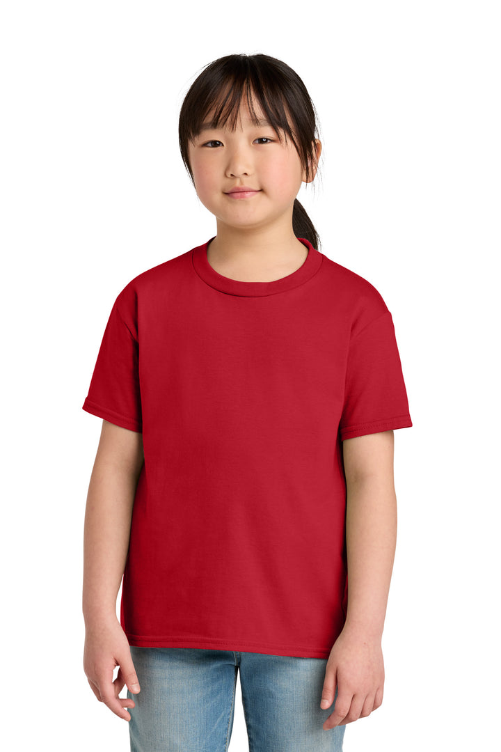 Front View of Red Gildan Youth Softstyle Midweight Tee 65000B