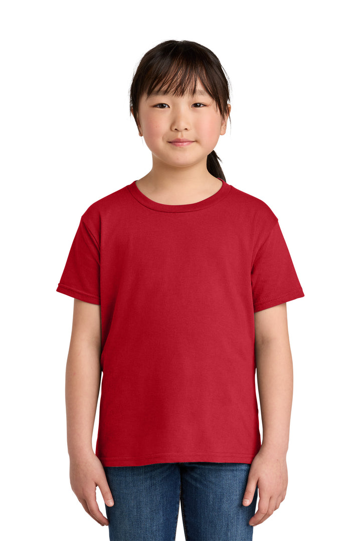 Front View of Red Gildan Youth Softstyle T-Shirt 64000B