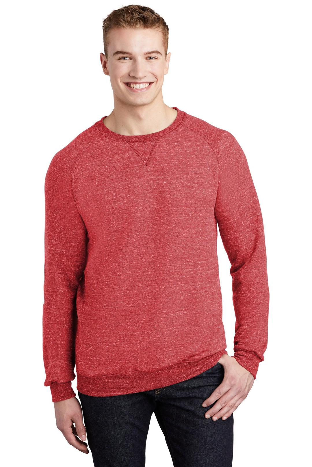Front View of Red Jerzees Snow Heather French Terry Raglan Crew 91M