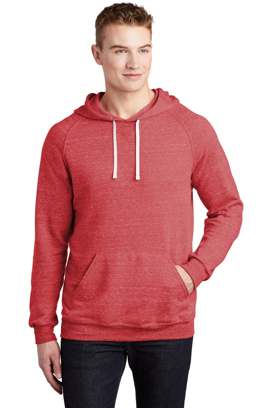 Front View of Red Jerzees Snow Heather French Terry Raglan Hoodie 90M