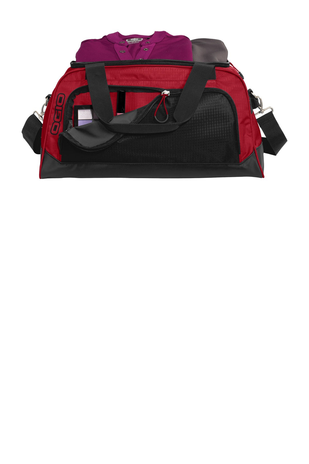 Front View of Ripped Red/Blk OGIO Breakaway Duffel. 411095