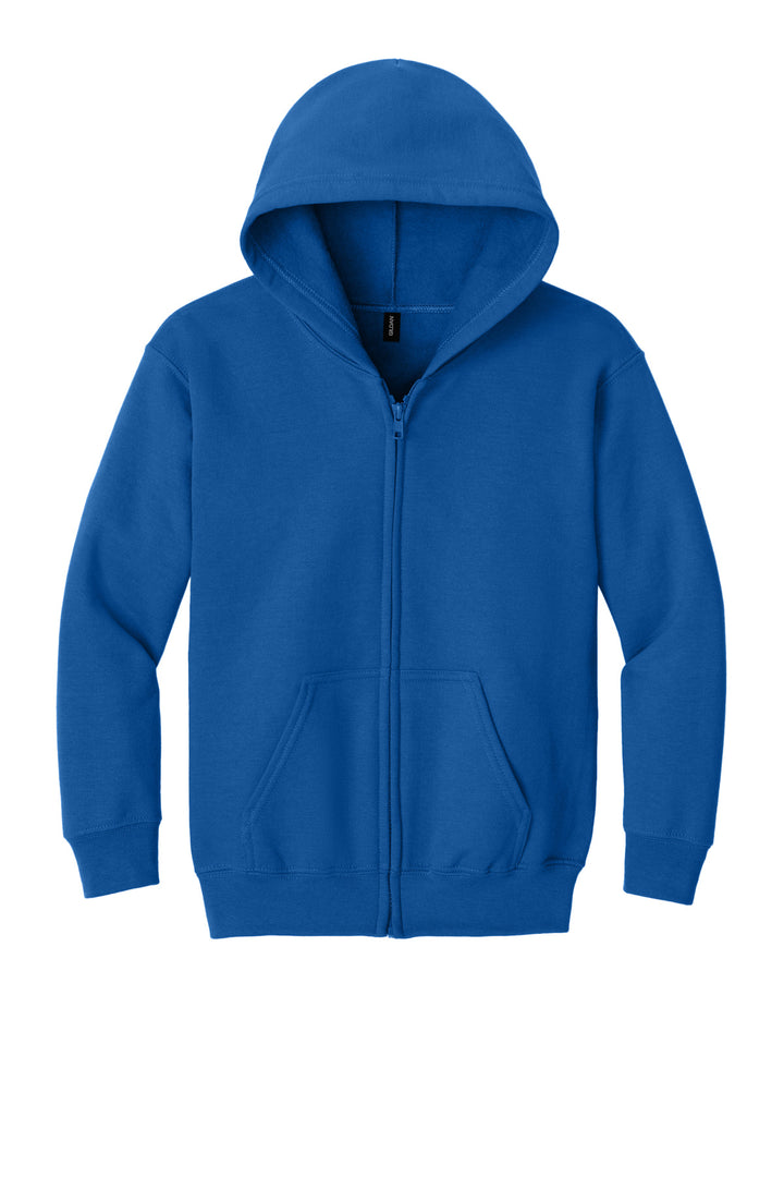Front View of Royal Gildan Youth Heavy Blend Full-Zip Hooded Sweatshirt. 18600B