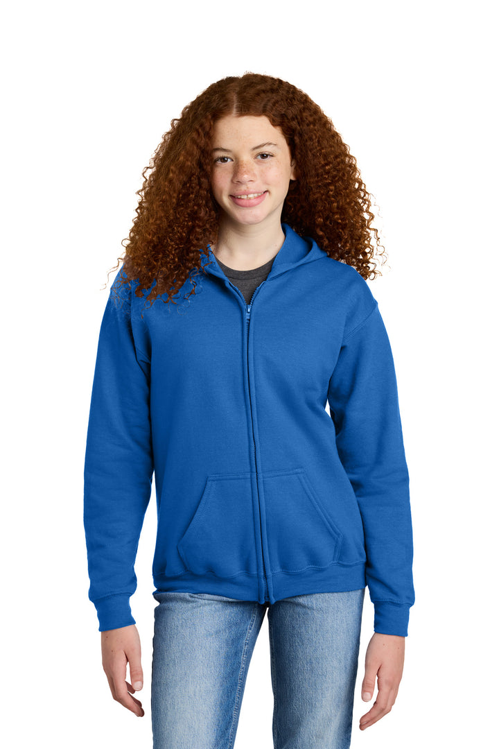 Front View of Royal Gildan Youth Heavy Blend Full-Zip Hooded Sweatshirt. 18600B