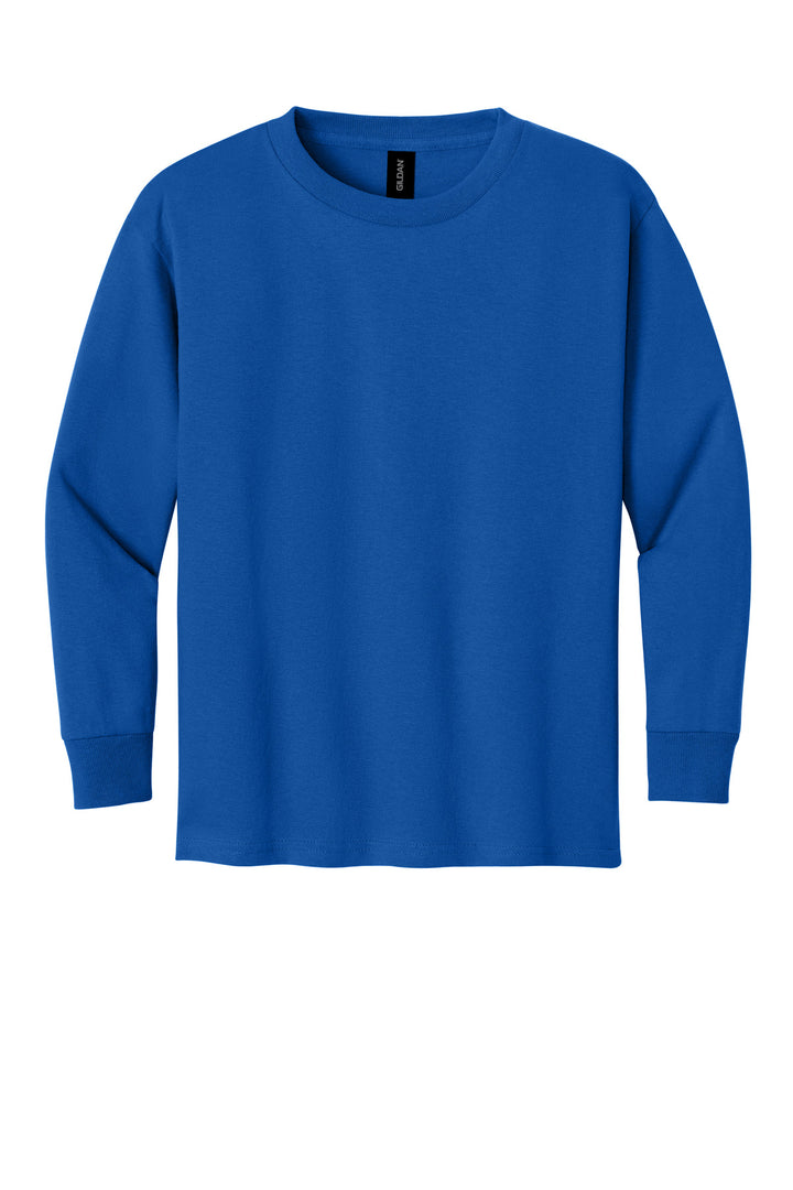 Front View of Royal Gildan Youth Heavy Cotton 100% Cotton Long Sleeve T-Shirt. 5400B