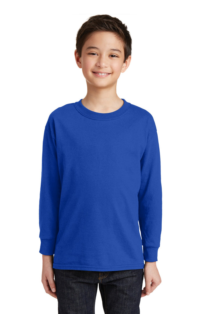 Front View of Royal Gildan Youth Heavy Cotton 100% Cotton Long Sleeve T-Shirt. 5400B