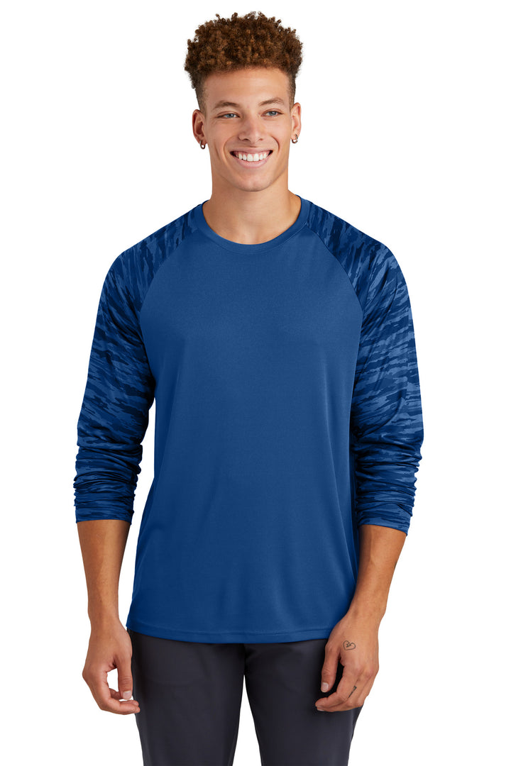 Front View of Royal Sport-Tek Drift Camo Colorblock Long Sleeve Tee ST376LS