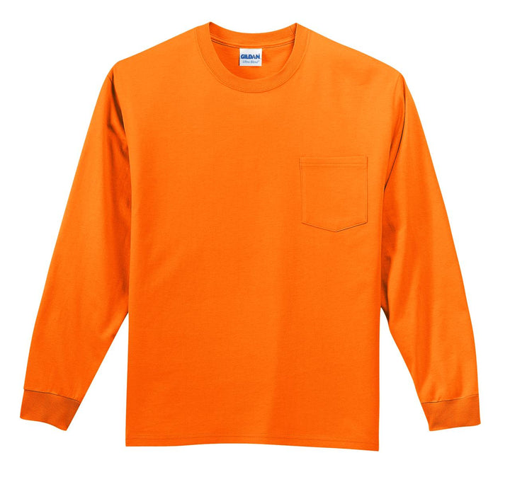 Front View of S Orange Gildan - Ultra Cotton 100% US Cotton Long Sleeve T-Shirt with Pocket. 2410