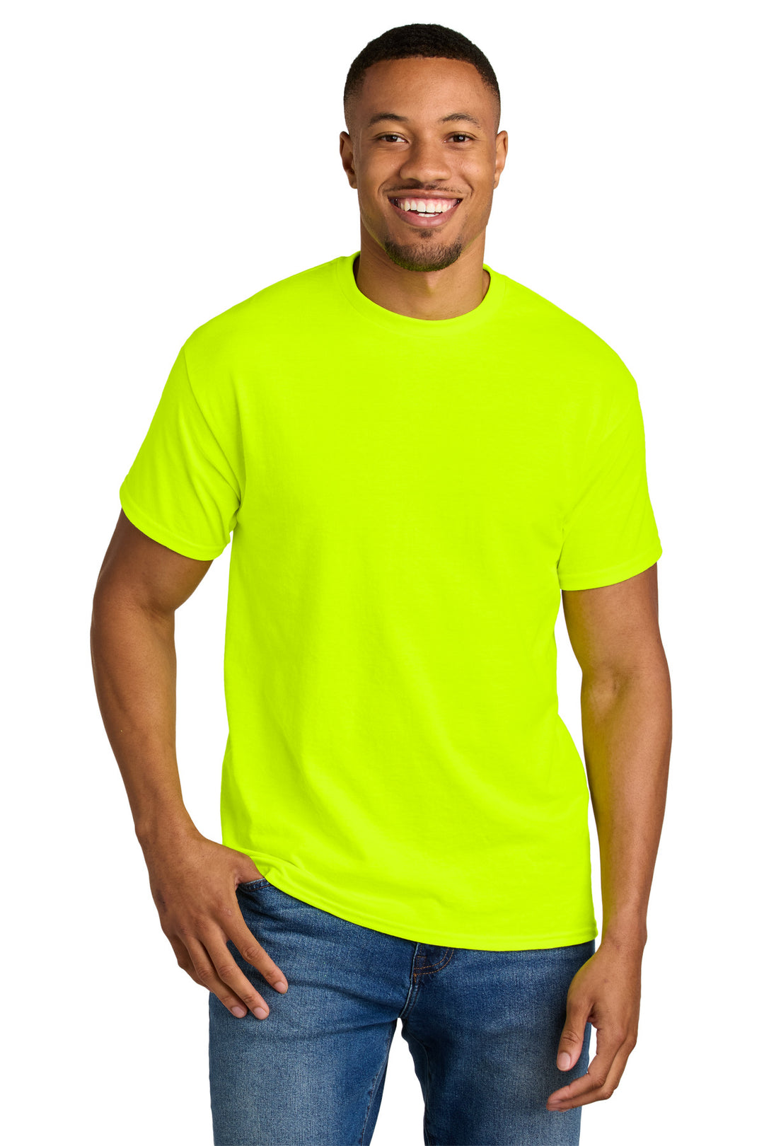 Front View of Safety Green Gildan DryBlend 50 Cotton/50 Poly T-Shirt. 8000