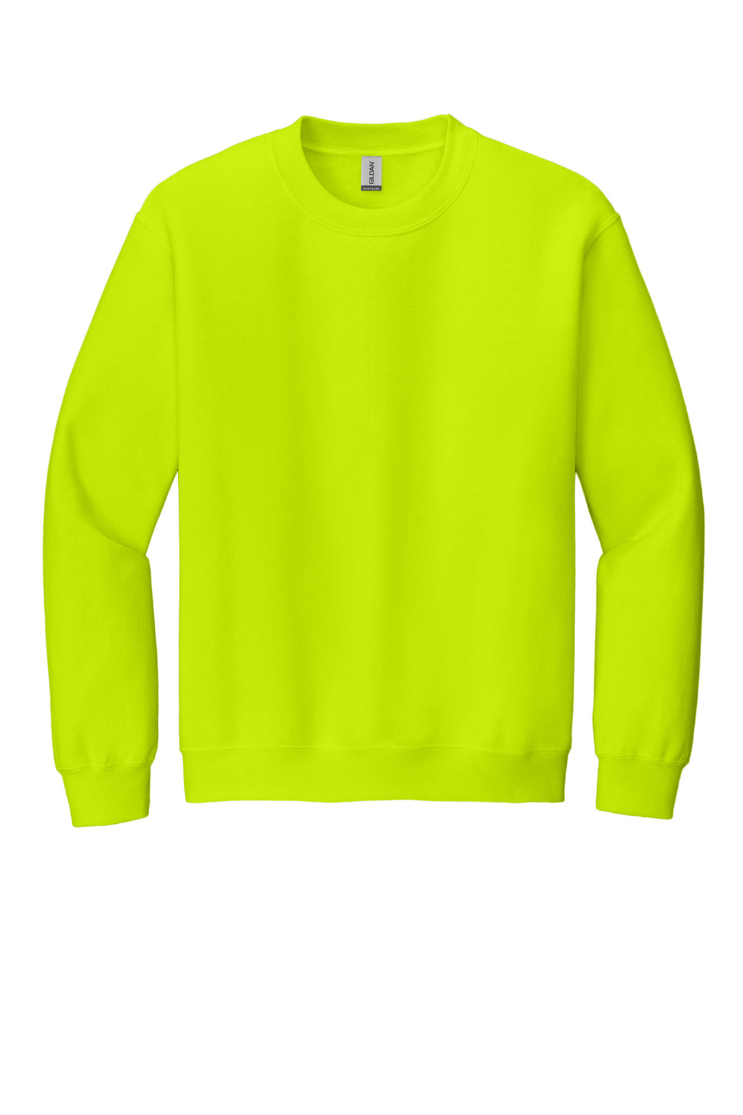 Front View of Safety Green Gildan Heavy Blend Crewneck Sweatshirt. 18000