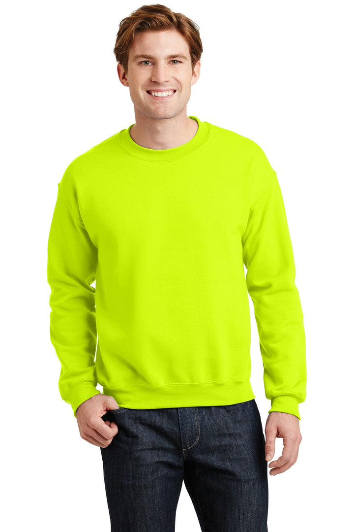 Front View of Safety Green Gildan Heavy Blend Crewneck Sweatshirt. 18000