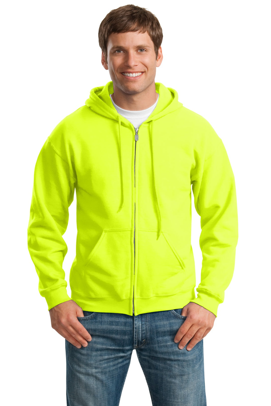 Front View of Safety Green Gildan - Heavy Blend Full-Zip Hooded Sweatshirt. 18600