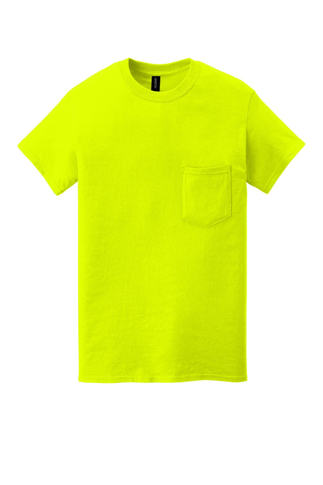 Front View of Safety Green Gildan Heavy Cotton 100% Cotton Pocket T-Shirt. 5300