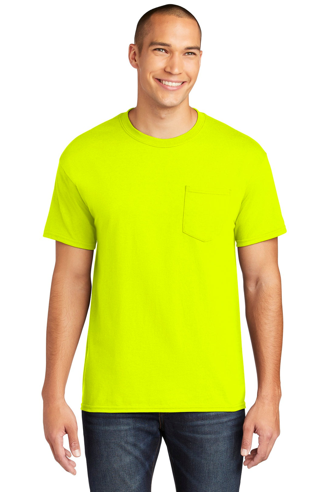 Front View of Safety Green Gildan Heavy Cotton 100% Cotton Pocket T-Shirt. 5300