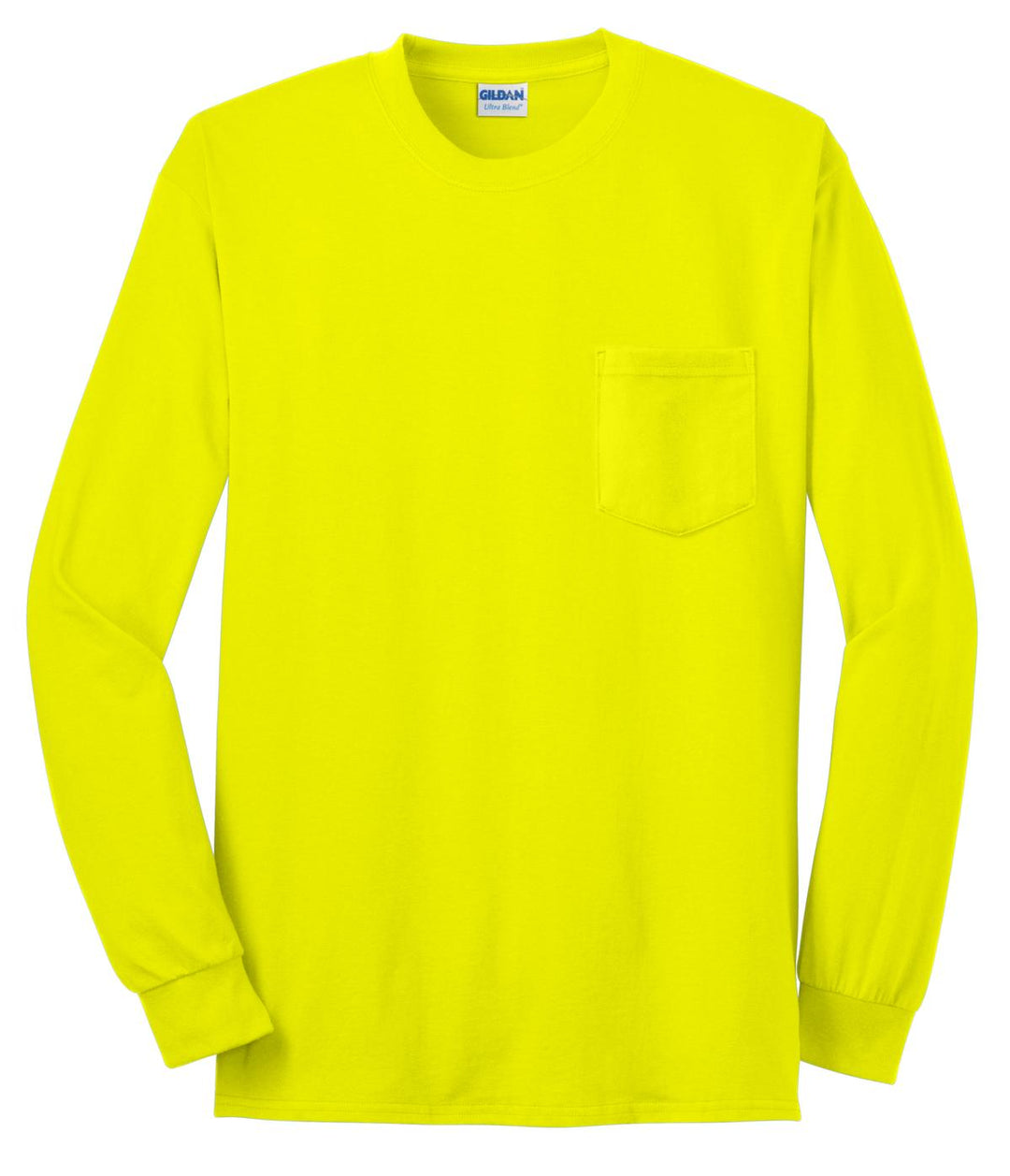 Front View of Safety Green Gildan - Ultra Cotton 100% US Cotton Long Sleeve T-Shirt with Pocket. 2410
