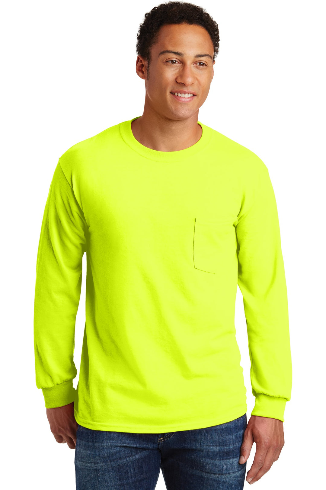Front View of Safety Green Gildan - Ultra Cotton 100% US Cotton Long Sleeve T-Shirt with Pocket. 2410