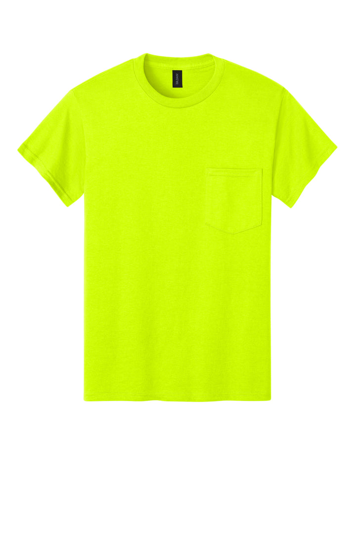 Front View of Safety Green Gildan - Ultra Cotton 100% US Cotton T-Shirt with Pocket. 2300