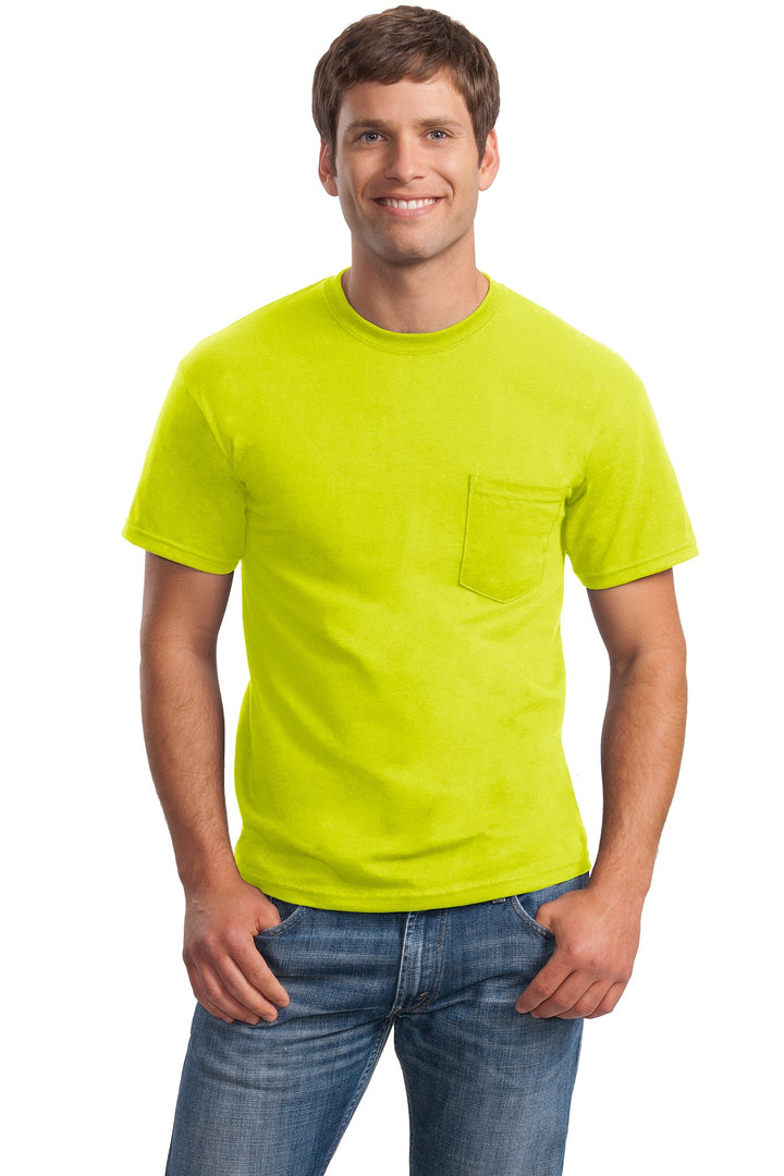Front View of Safety Green Gildan - Ultra Cotton 100% US Cotton T-Shirt with Pocket. 2300