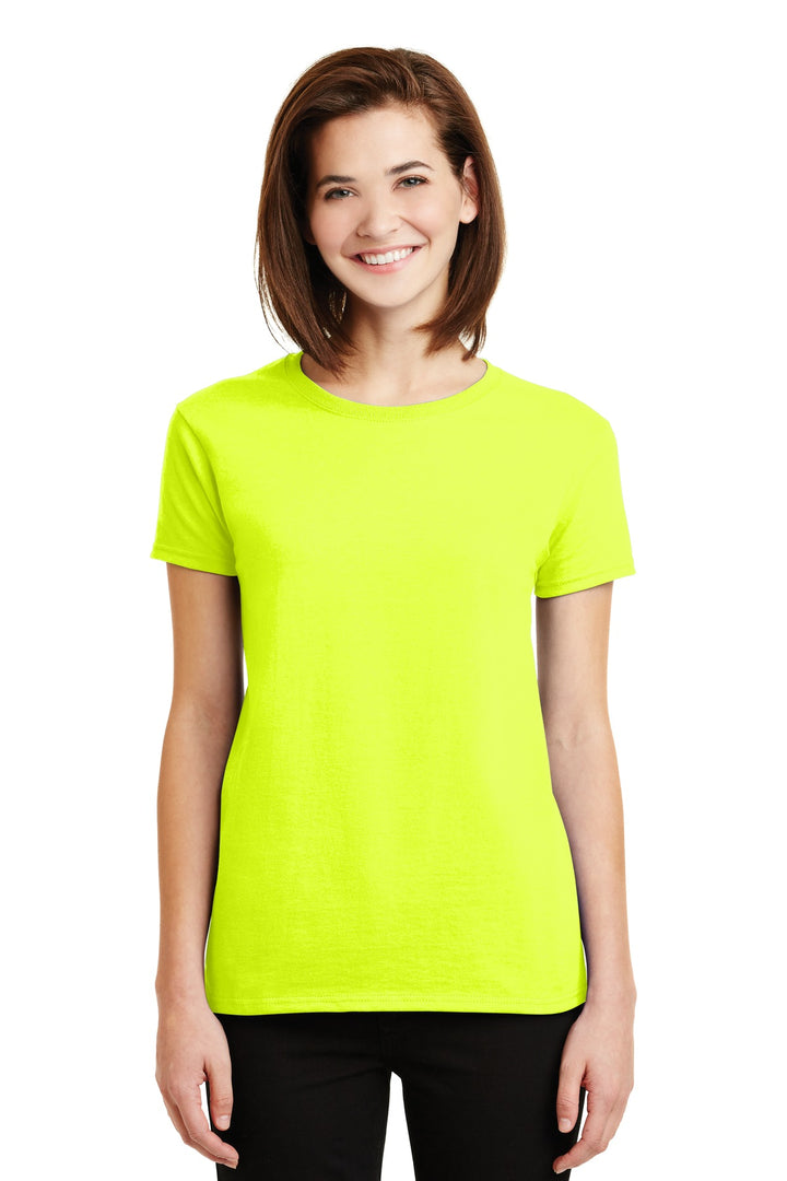 Front View of Safety Green Gildan Women's Ultra Cotton 100% US Cotton T-Shirt. 2000L