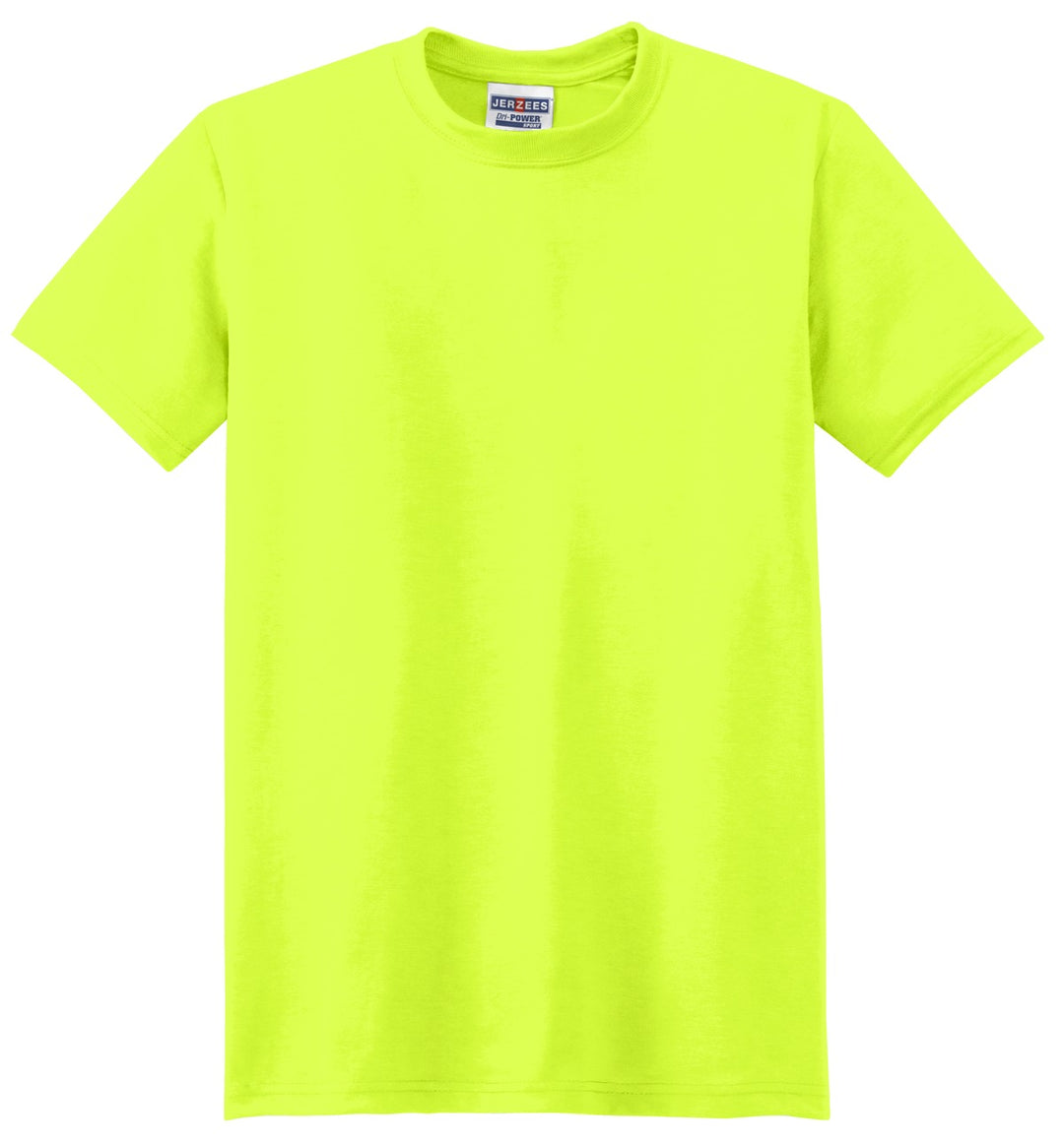 Front View of Safety Green Jerzees Dri-Power 100% Polyester T-Shirt. 21M