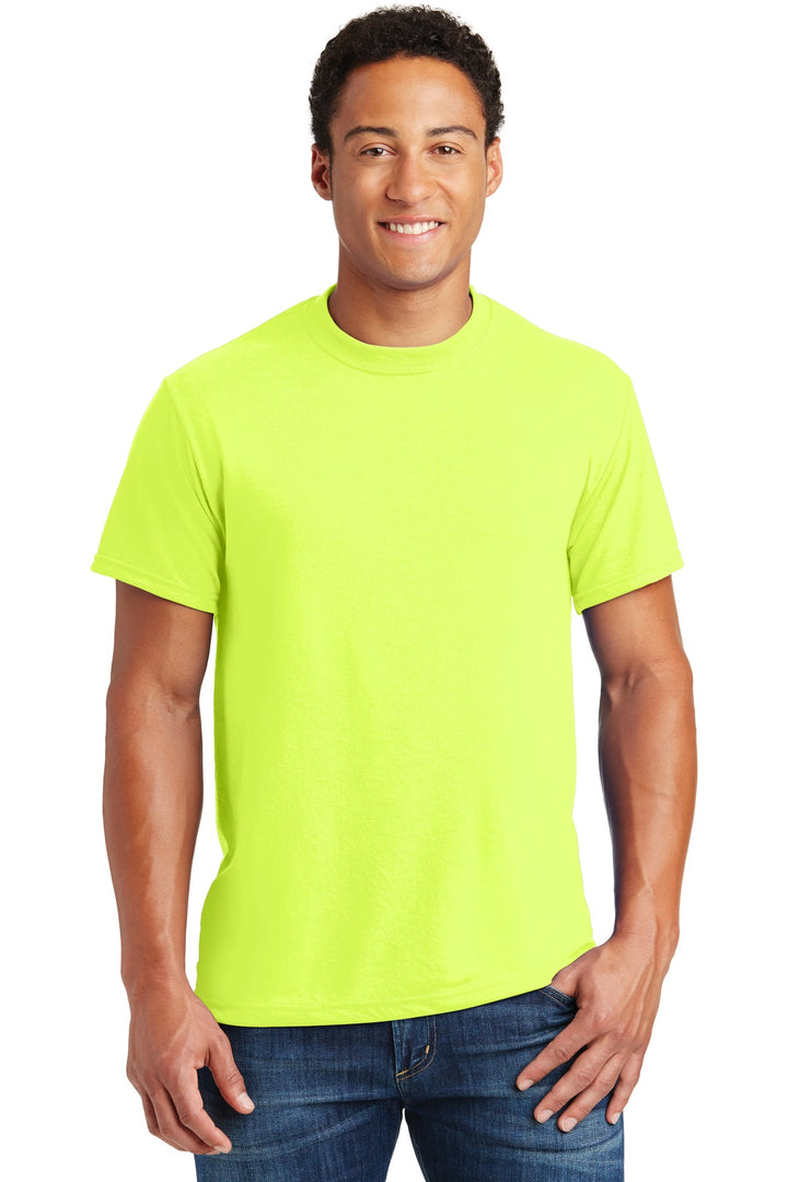 Front View of Safety Green Jerzees Dri-Power 100% Polyester T-Shirt. 21M