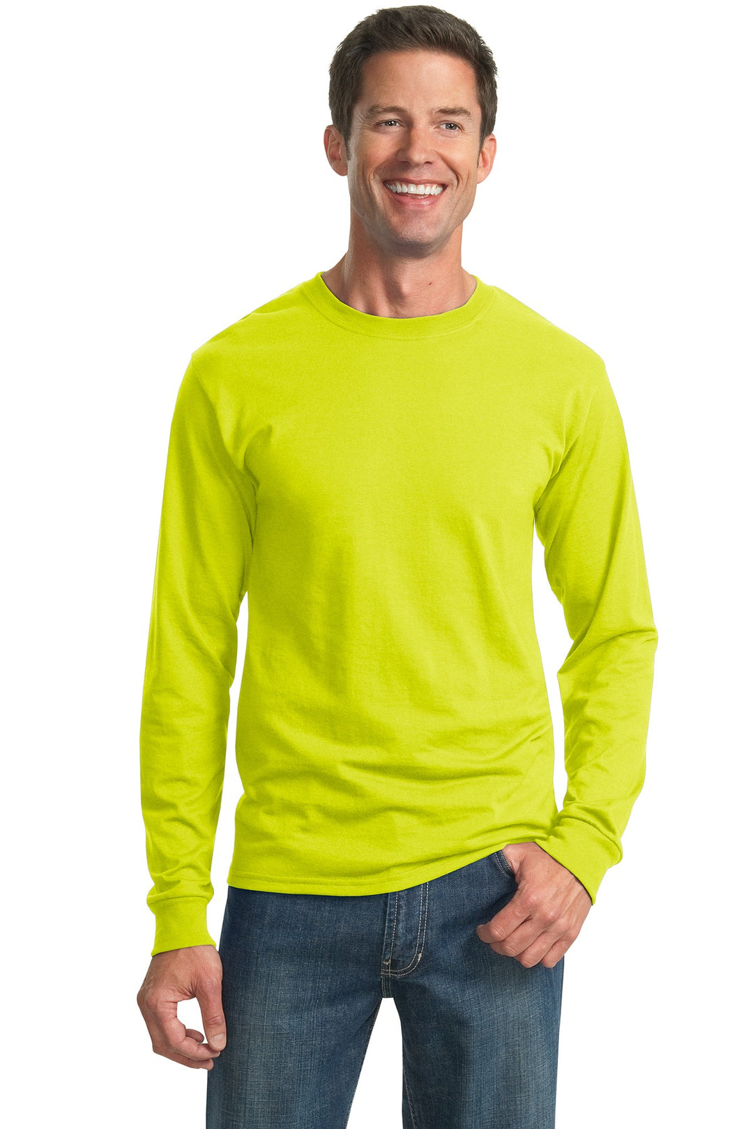 Front View of Safety Green Jerzees - Dri-Power 50/50 Cotton/Poly Long Sleeve T-Shirt. 29LS