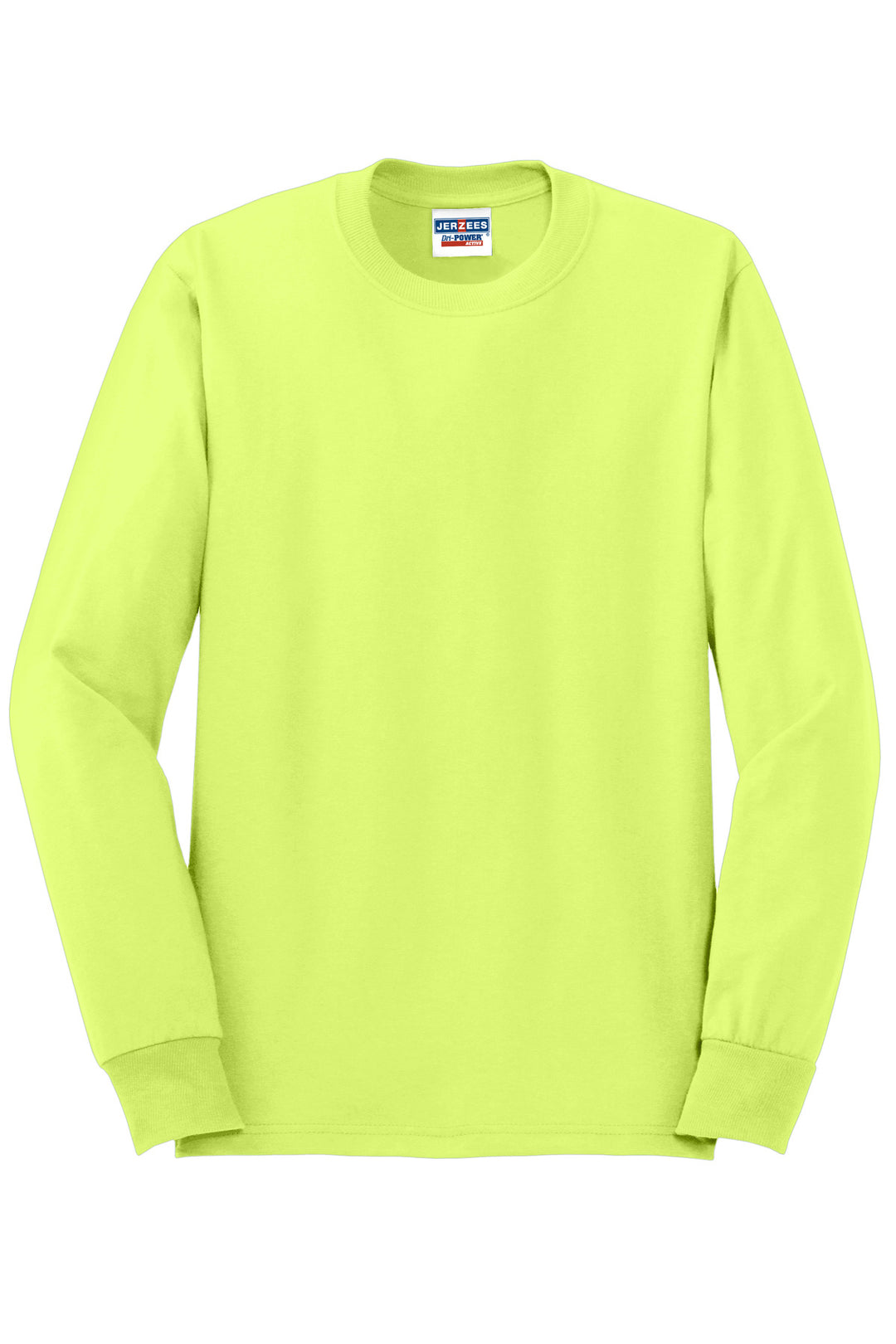 Front View of Safety Green Jerzees - Dri-Power 50/50 Cotton/Poly Long Sleeve T-Shirt. 29LS