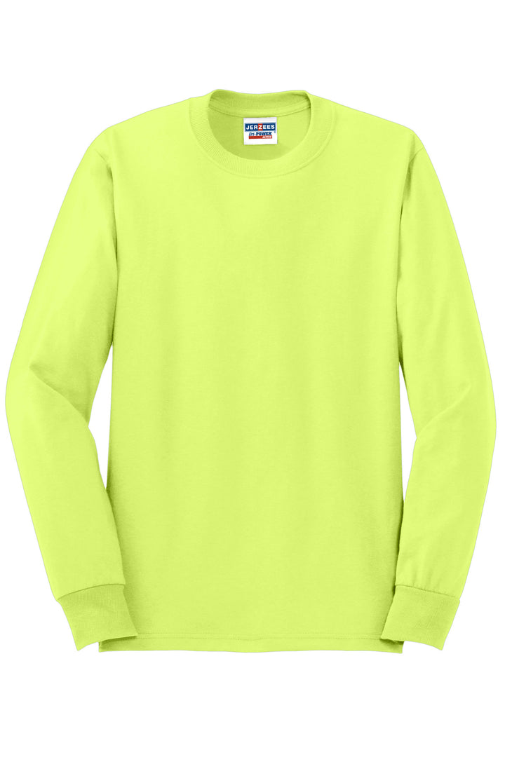 Front View of Safety Green Jerzees - Dri-Power 50/50 Cotton/Poly Long Sleeve T-Shirt. 29LS