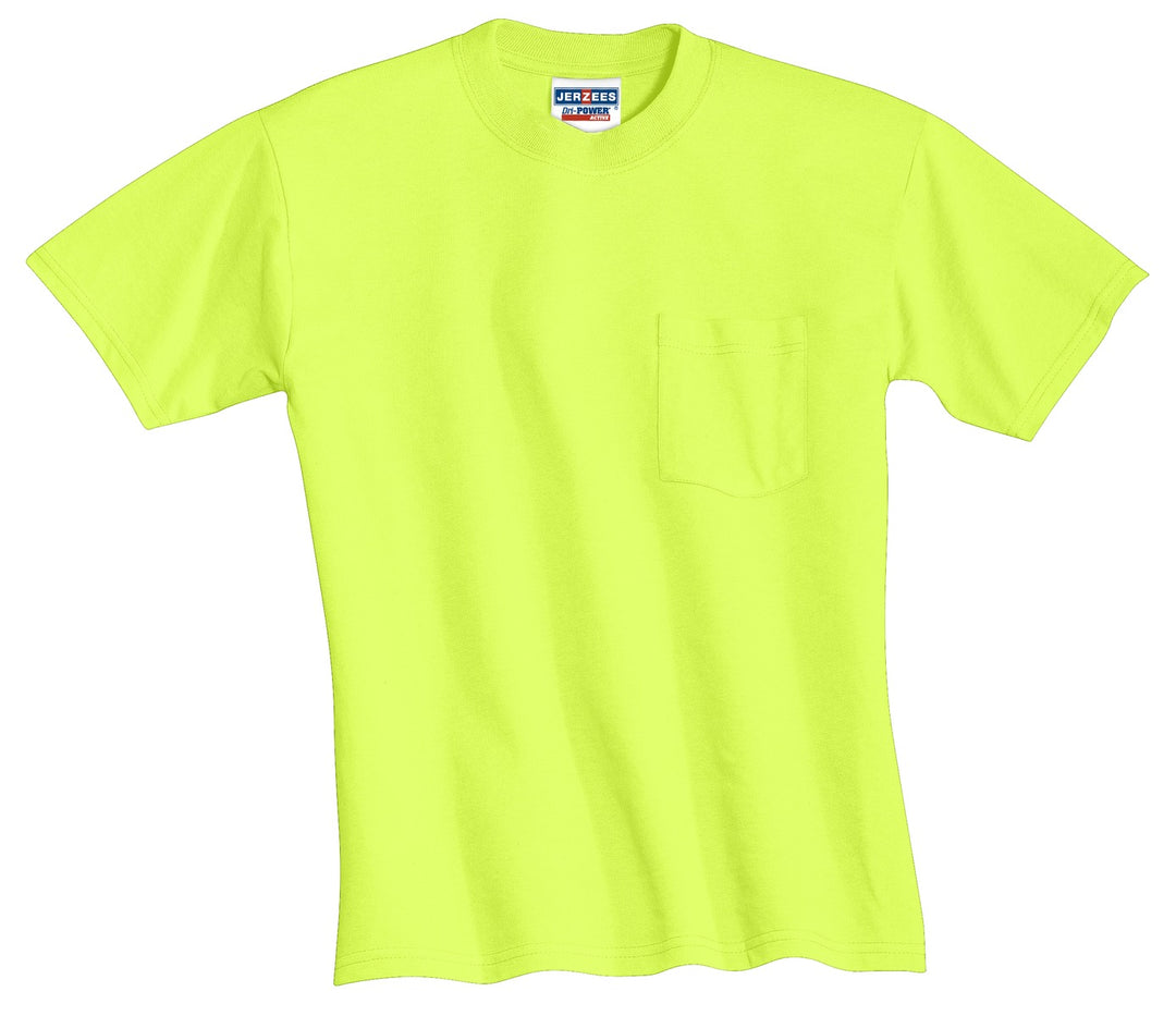 Front View of Safety Green Jerzees - Dri-Power 50/50 Cotton/Poly Pocket T-Shirt. 29MP