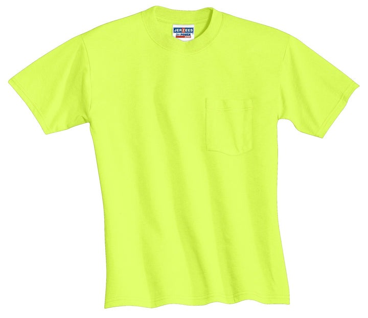 Front View of Safety Green Jerzees - Dri-Power 50/50 Cotton/Poly Pocket T-Shirt. 29MP